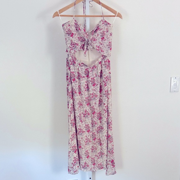WAYF Dress Halter Top Midi Length Cut Out Abdomen Pink White Floral Tie Neck - Picture 2 of 16